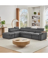 Grey Fabric Sectional Sofa with Storage Ottoman