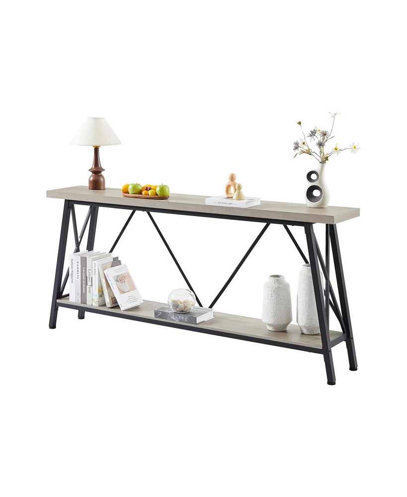 70" Long Sofa Console Table with 2 Shelves for Entryway, Living Room, Rustic Gray