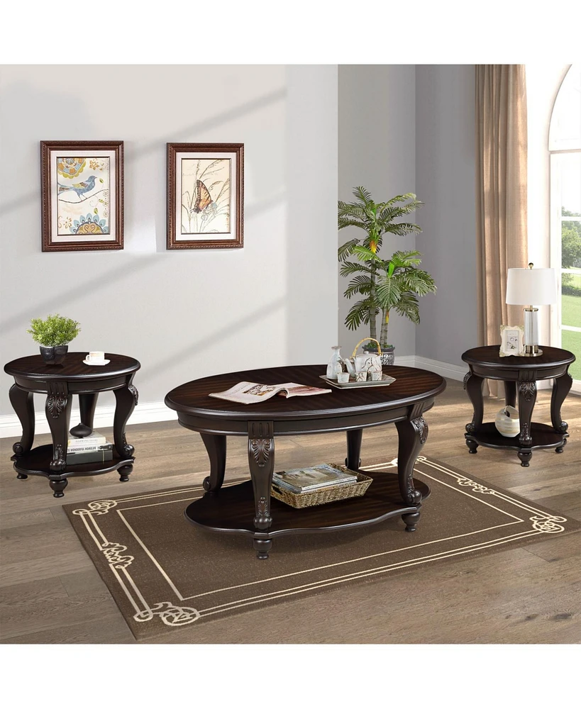 Espresso Living Room Coffee Table Set with End Side Tables (3-Piece)