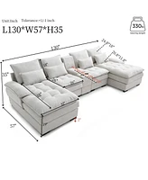 130" U-Shaped Sofa Set with Console, Cupholders, and Chaise for Living Room (White)