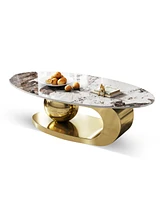 51 Inches Oval Faux Marble Coffee Table for Living Room with Stainless Steel Base