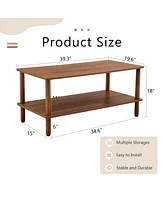 Modern 2-Tier Coffee Table with Open Shelf, Rubberwood Legs