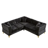 L-Shaped Sectional Sofa with Chenille Fabric and Copper Nailhead Trim