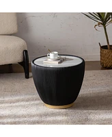 Modern Side Table, Round Drum Coffee Table with Sintered Stone, Pu Leather and metal Base, Black, 19.7"