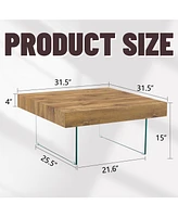 Natural Style Square Mdf Coffee Table - 31.5"x31.5" with Tempered Glass Legs.Density Board Sticker,Reinforced Glass