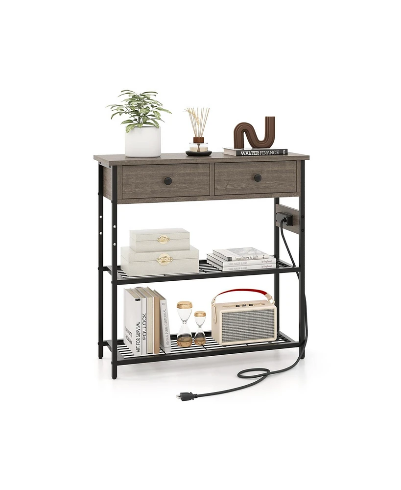Narrow Console Table with 2 Drawers and 2 Metal Mesh Shelves