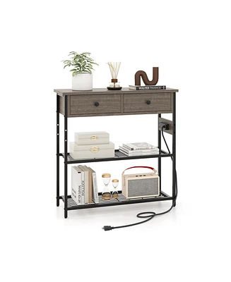 Narrow Console Table with 2 Drawers and 2 Metal Mesh Shelves