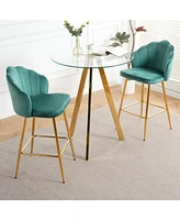 Green Velvet Bar Chairs with Glass Top and Gold Legs (Set of 3)