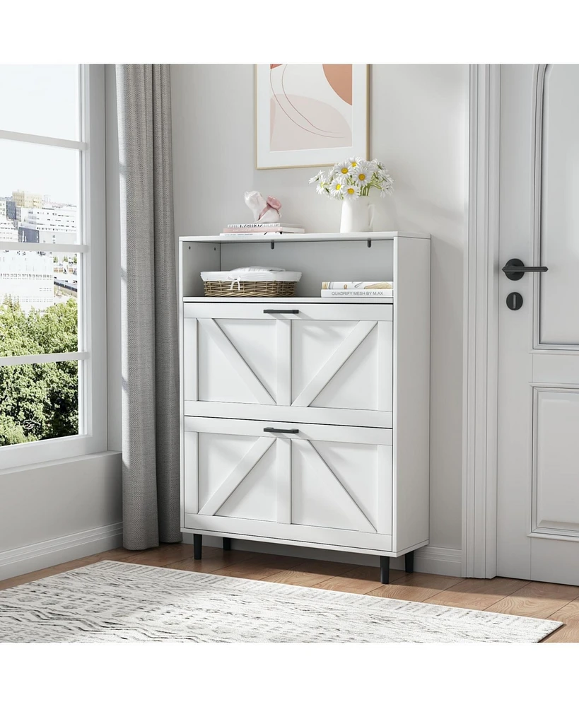 Farmhouse Shoe Storage Cabinet with Barn Door Design, Shoe Organizer with 2 Flip Drawers, Freestanding Narrow Shoe Rack Cabinet with Open Storage for