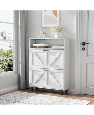 Farmhouse Shoe Storage Cabinet with Barn Door Design, Shoe Organizer with 2 Flip Drawers, Freestanding Narrow Shoe Rack Cabinet with Open Storage for