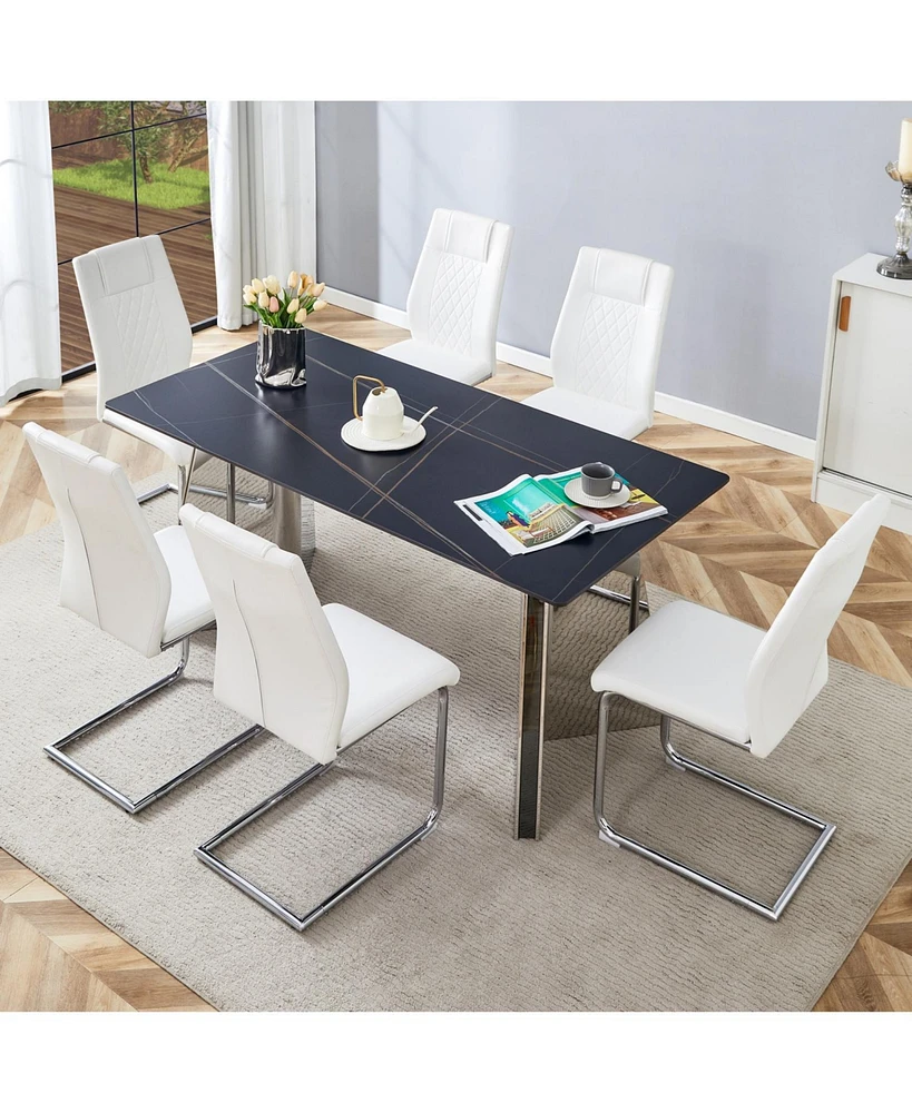 Black Marble Table and 6 White Pu Chairs with Metal Legs