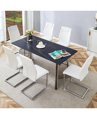 Black Marble Table and 6 White Pu Chairs with Metal Legs