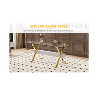 Modern Glass Dining Table with Gold Legs, Multipurpose for Home/Office (71"x35"x30")