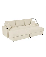 Beige Corduroy Sofa Bed with Storage & Ottomans