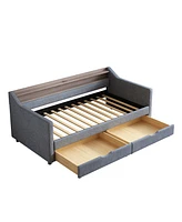 Twin Daybed with Storage, Shelves & Usb Ports, Linen Upholstered Sofa with Led Light