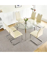 Modern Glass Dining Set: 6 Chairs, Round Table