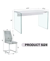 White Mdf Coffee Table with Glass Legs and 4 Gray Pu Chairs