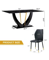 Black Marble Pattern Tempered Glass Dining Set - 71"x35.4" with 8 Black Pu Chairs With a Widened Backrest Design