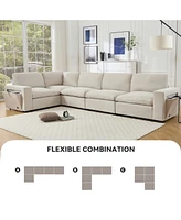 Modular Sectional Sofa with Wireless Charger, Cup Holders, Book Space, and Soft Linen Fabric (5-seat, Beige)