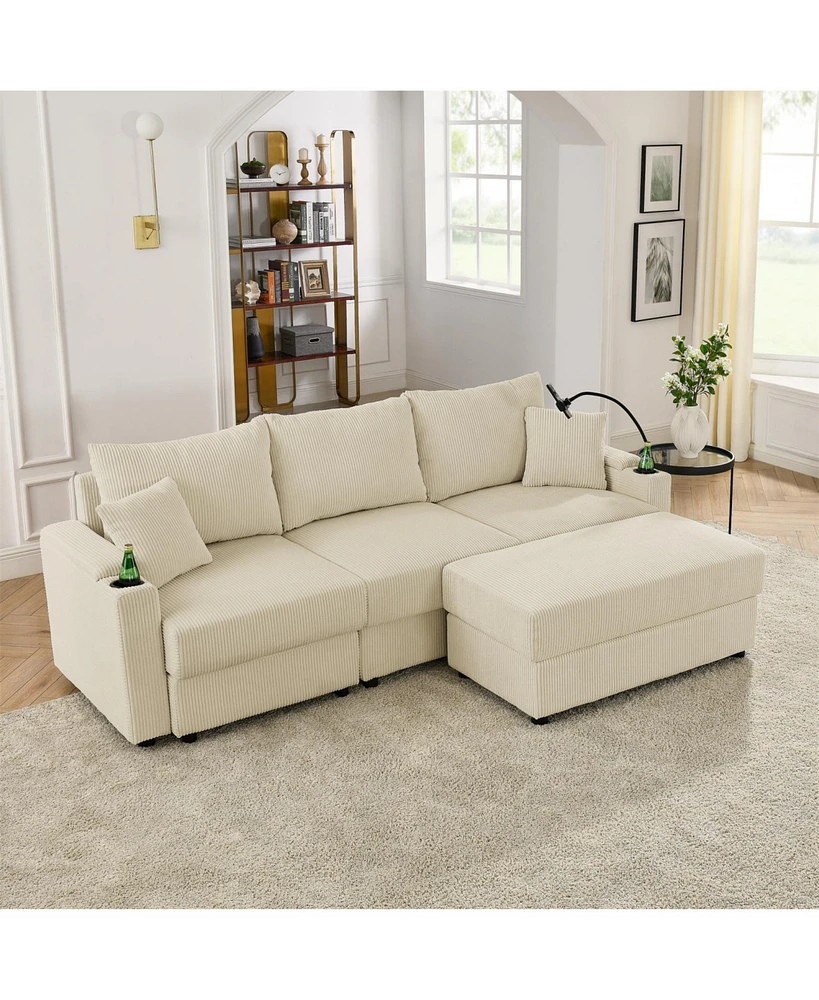 L-Shaped Corduroy Sofa with Ottoman, Storage & Cup Holders