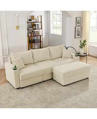 L-Shaped Corduroy Sofa with Ottoman, Storage & Cup Holders