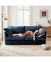 Cozy Blue Chenille L-Shaped Sofa with Ottoman and Detachable Cover