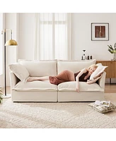 Cream Chenille Sectional Sofa with Ottoman and Pillows