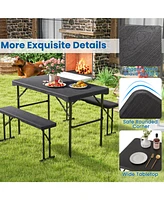 Outdoor Folding Table Bench Set w All-Weather Hdpe Tabletop and Sturdy Metal Frame-Black