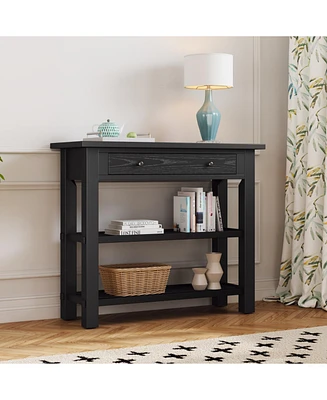 Retro Console Table with Drawer and Two Sturdy Shelves for Entryway, Living Room (Black