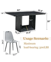 Black Marble Dining Set - 63" Table & 4 Gray Linen Chairs