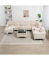 Beige Corduroy Convertible Sectional Sofa with Ottoman, Usb