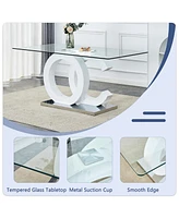 Translucent Glass Dining Set with 4 Pu Leather Chairs and Silver Metal Legs