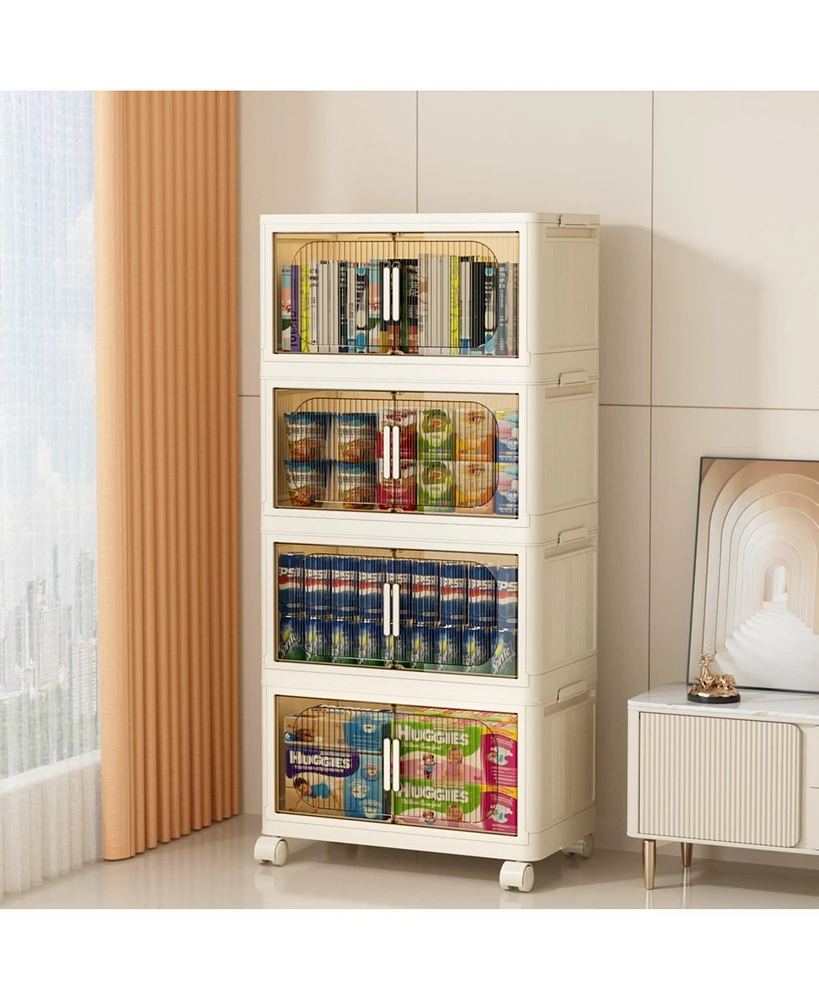 19.69" Side Wide Folding Storage Cabinet, 4 Tiers,19.69" 11.81" 40.55", Collapsible Storage Bins with Magnetic Door, Plastic Stora