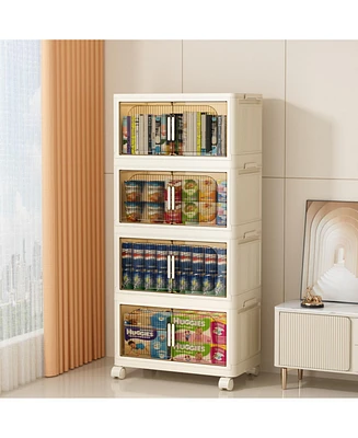 19.69" Side Wide Folding Storage Cabinet, 4 Tiers,19.69" 11.81" 40.55", Collapsible Storage Bins with Magnetic Door, Plastic Stora
