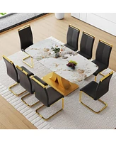 71" Pandora Glass Dining Set w/ 8 Black Pu Chairs