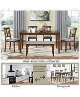 6-Piece Walnut Dining Set: Table, 4 Chairs & Bench