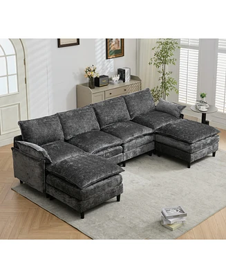Modular U-Shaped Chenille Sofa Couch, 6-Seater with Ottoman, Dark Gray