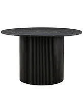Black Marble Grain Dining Table, 47" Round, Wood Strip Base