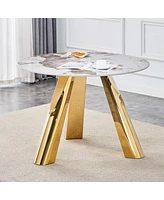 42-inch Round White Pattern Burning Stone Table with Gold Legs