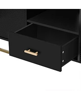 Modern Tv Stand for TVs up to 70", with Drawer, Cabinets, Metal Legs, Handles, and Safety Device