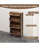 3-Drawer Slim Shoe Cabinet with Metal Handle, Black
