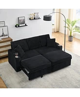 80" Foldable Chaise with Storage and Cup Holders (Corduroy, Black)