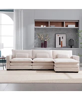 L Shape Sofa Couch with Usb & Cup Holders, Corduroy Stripe Fabric 3 Seater Sofa with 1 Ottoman, Beige