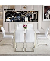 Cream-White Mdf Dining Table (55"x31") with 6 White Chairs & Silver Legs