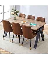 Wood-Textured Mdf Dining Table and Brown Suede Chairs Set