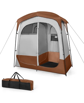 2 Rooms Oversize Privacy Shower Tent with Removable Rain Fly and Inside Pocket-Brown