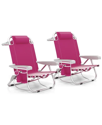 Foldable Backpack Beach Chair with Cup Holder and Storage Pockets Set of 2-Pink