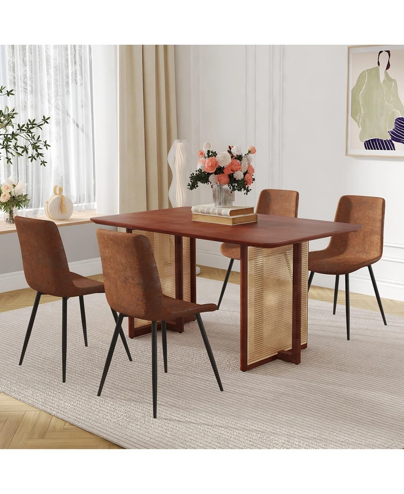 Walnut Dining Set: Wood Table, Rattan Legs, 4 Brown Tech-Fabric Chairs
