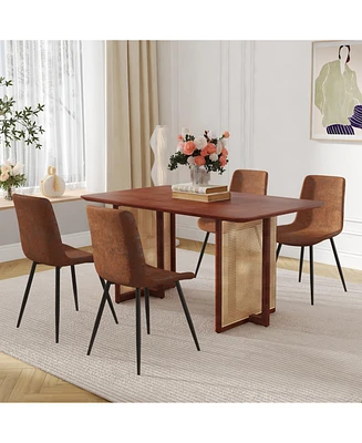 Walnut Dining Set: Wood Table, Rattan Legs, 4 Brown Tech-Fabric Chairs
