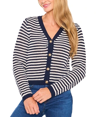 CeCe Women's Long-Sleeve Striped Pointelle Cardigan